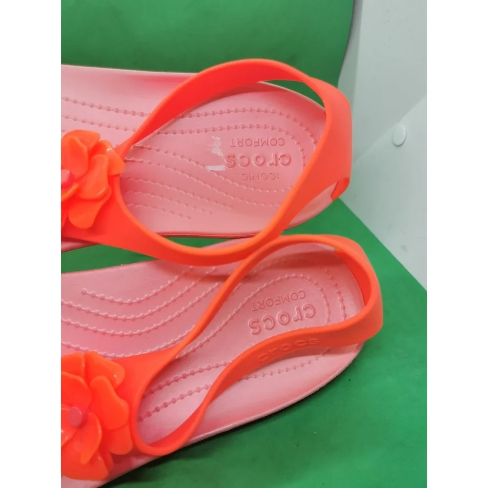 Crocs Serena Flower Embellished Flip Sandal Womens Siz 11 Bright Coral/Melon NEW